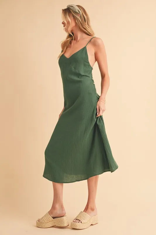 Side Button Cami Midi Dress in Emerald – outfit idea for women | Ro + Ivy