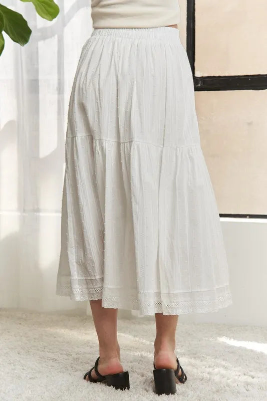 Elastic Waistband Tiered Midi Skirt in White – outfit idea for women | Ro + Ivy