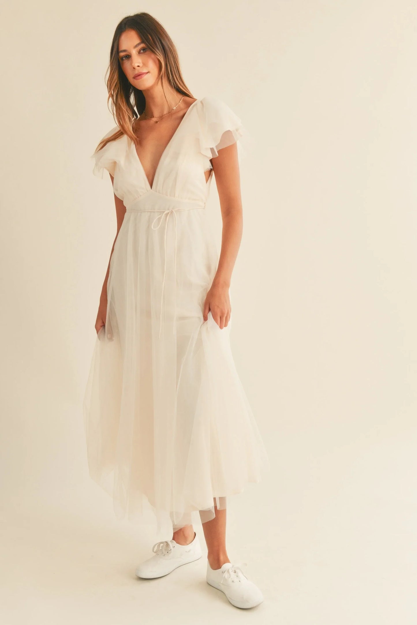 Tulle V-Neck Ruffle Flutter Sleeve Midi Dress — Playful Elegant Feminine Charming Style