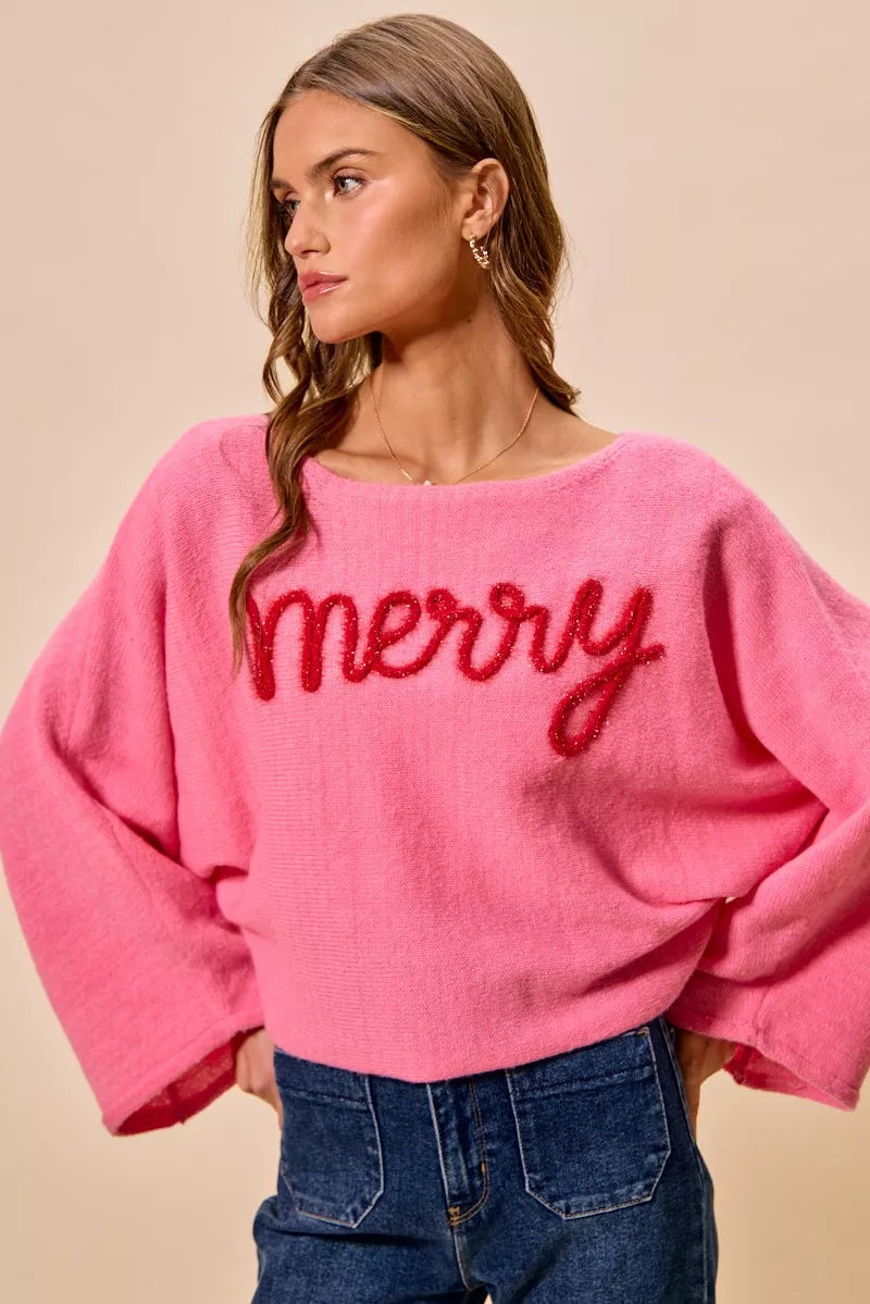 Pink "Merry" Lettering Lightweight Boatneck Christmas Top | Trendy Tops Outfit Idea for Women by Ro + Ivy | Elevated Basics, Modern Comfort & Style