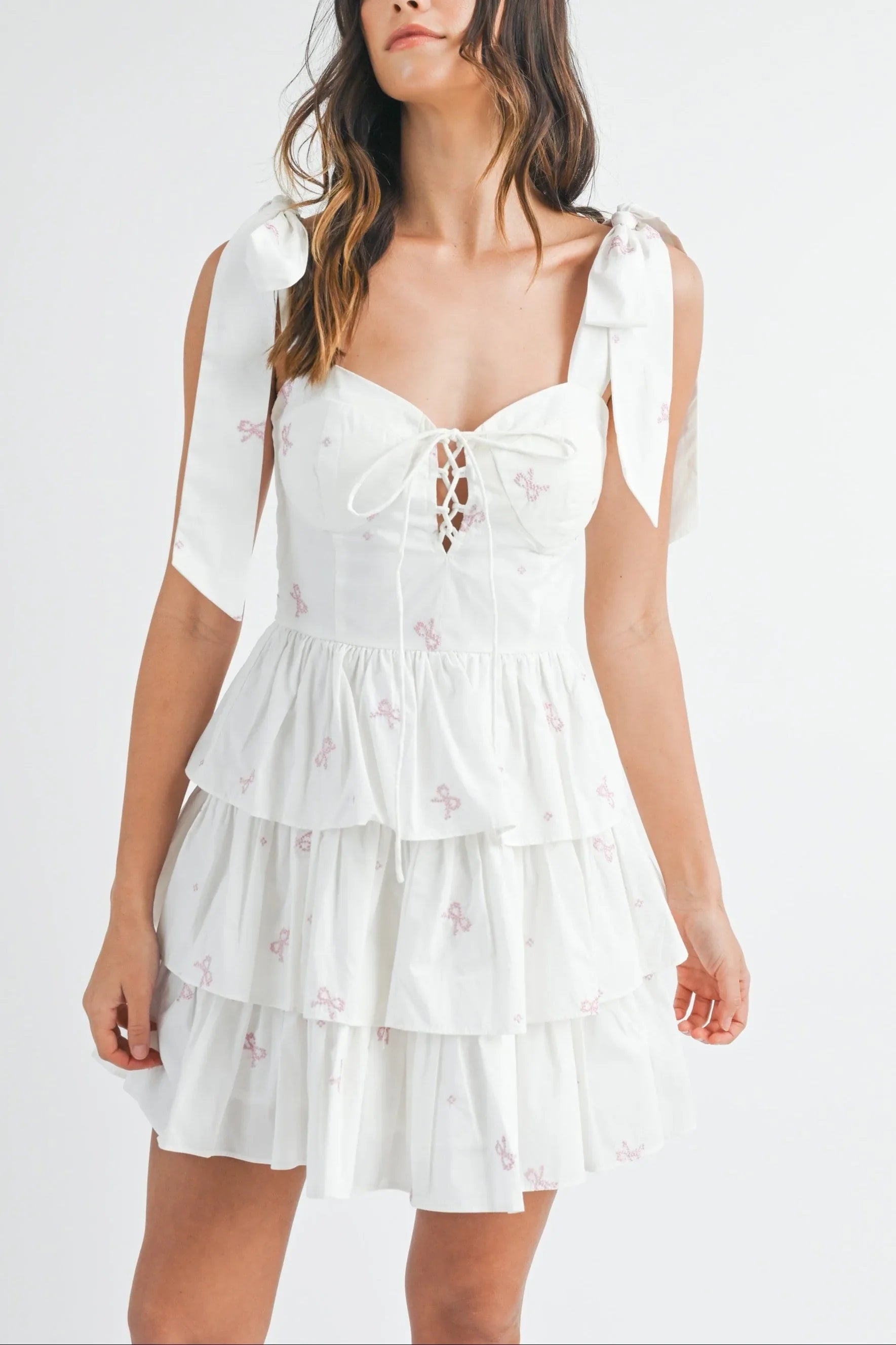Bow Embroidery Poplin Corset Mini Dress — Solid Summer Statement Feminine Style