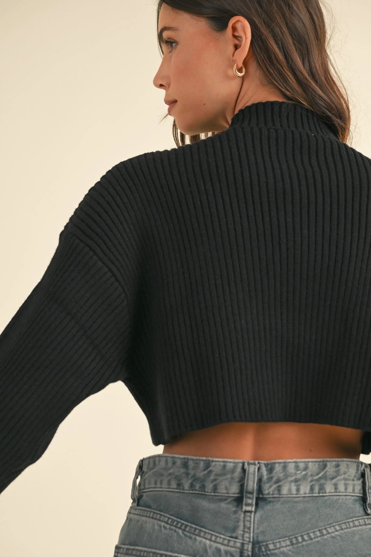 Basic Ribbed Mock Neck Cropped Long Sleeve Sweater — Soft Cozy Minimalist Everyday Style
