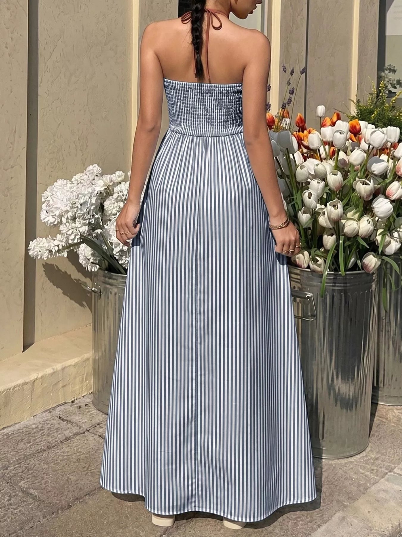Women's Smocked Striped Halter Neck Maxi Dress - Maxi Dresses