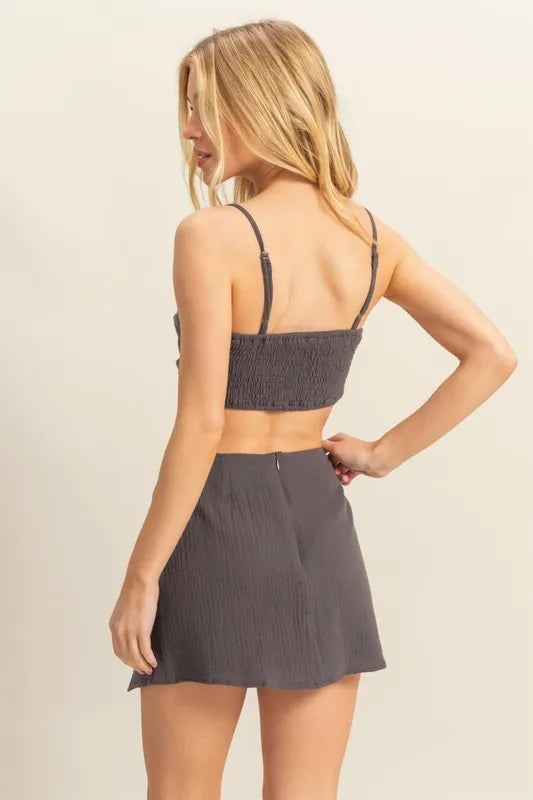 Ruched Bra Top And Mini Skirt Set – outfit idea for women | Ro + Ivy