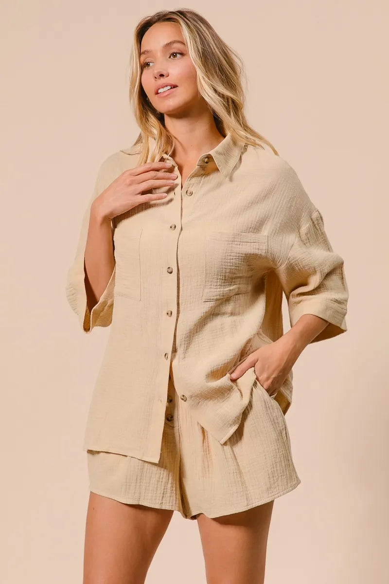 Crinkle Gauze Shirt And Short Set – outfit idea for women | Ro + Ivy