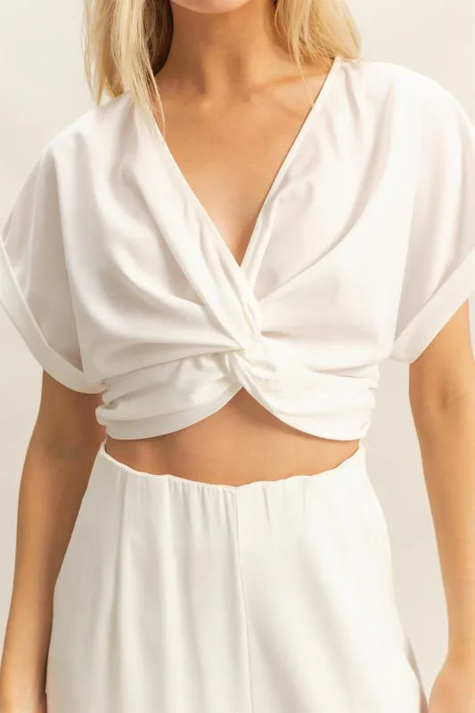 Twisted Front Short Sleeve Top And Wide Leg Pants Set – outfit idea for women | Ro + Ivy