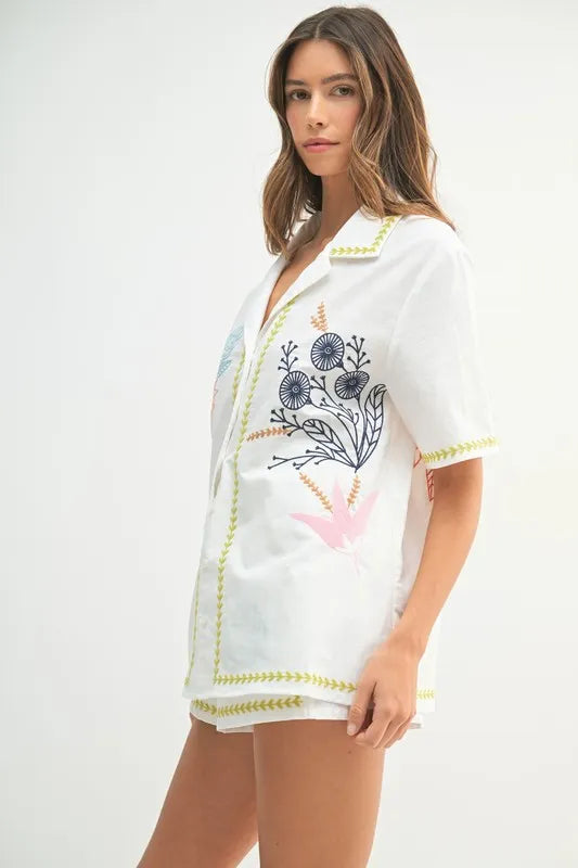Embroidered Button Down Shirt And Shorts Set – outfit idea for women | Ro + Ivy
