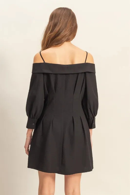 Button Down Spaghetti Strap Mini Dress With Pockets in Black – outfit idea for women | Ro + Ivy