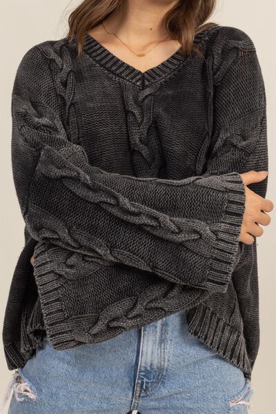Cable Knit V-Neck Dropped Shoulder Oversized Sweater - Ro + Ivy