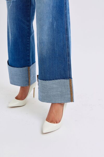 Full Size Distressed High Waist Wide Leg Jeans Trendy Jeans Outfit Idea for Women | Ro + Ivy