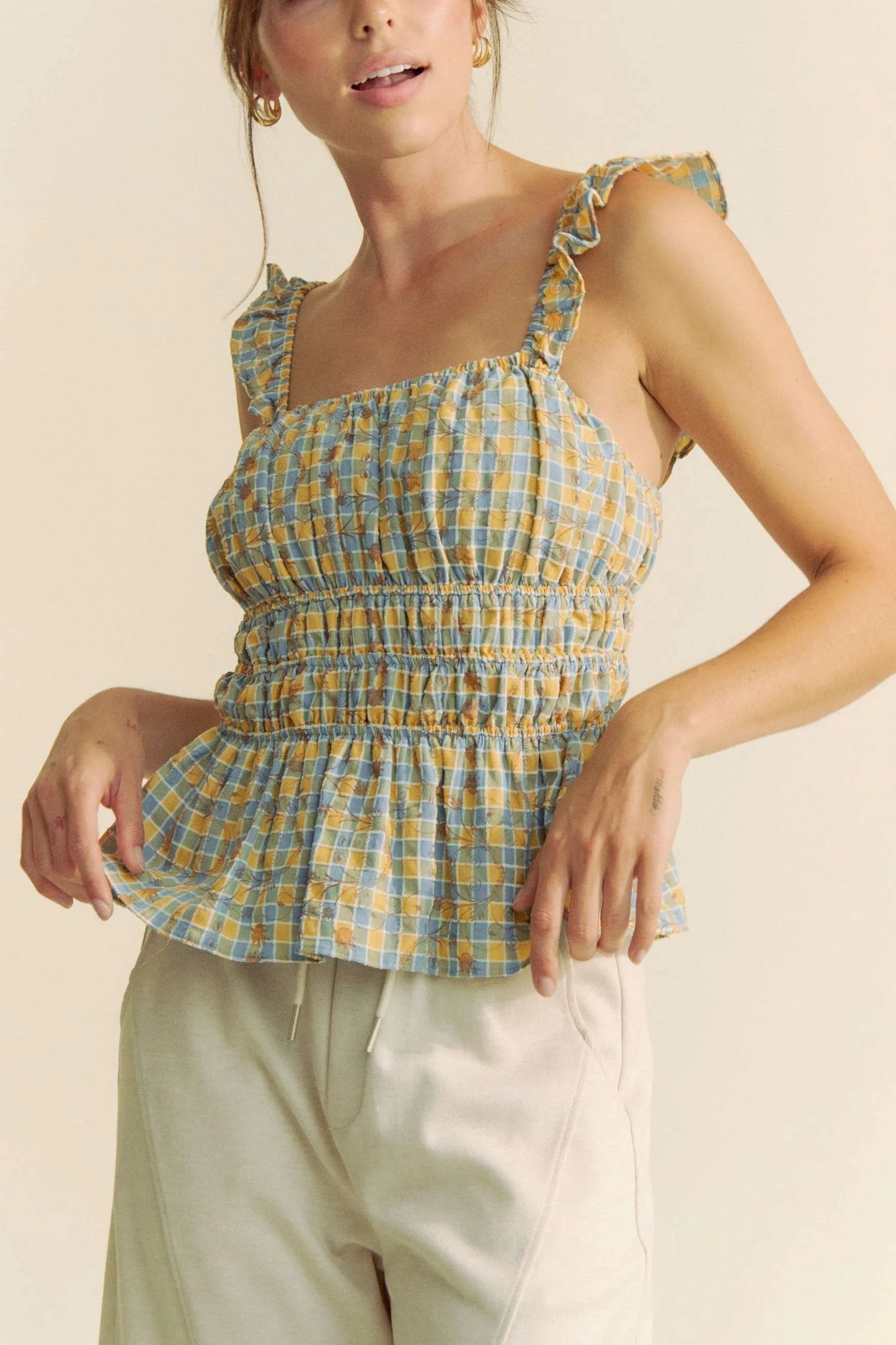 Plaid Ruffled Strap Smocked Sleeveless Top – outfit idea for women | Ro + Ivy