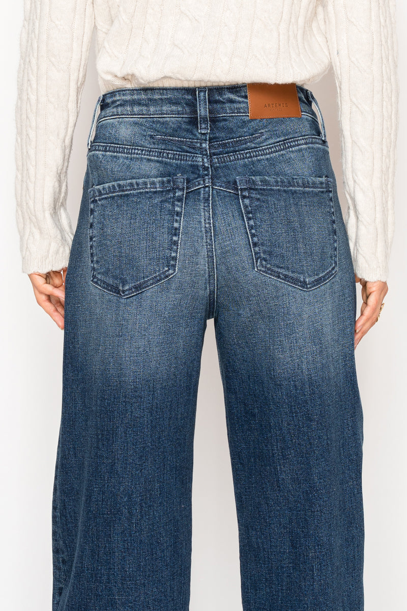 Tummy Control High-Rise A-Line Wide Leg Jeans — Dark Stone Wash Denim - Jeans
