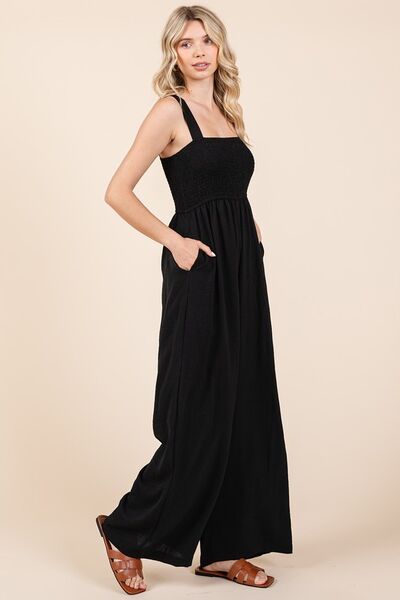 Smocked Wide Strap Wide Leg Overalls - Ro + Ivy