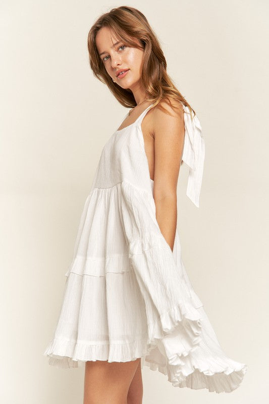 Square Neck Tiered Ruffle Bow Ties Mini Dress – outfit idea for women | Ro + Ivy