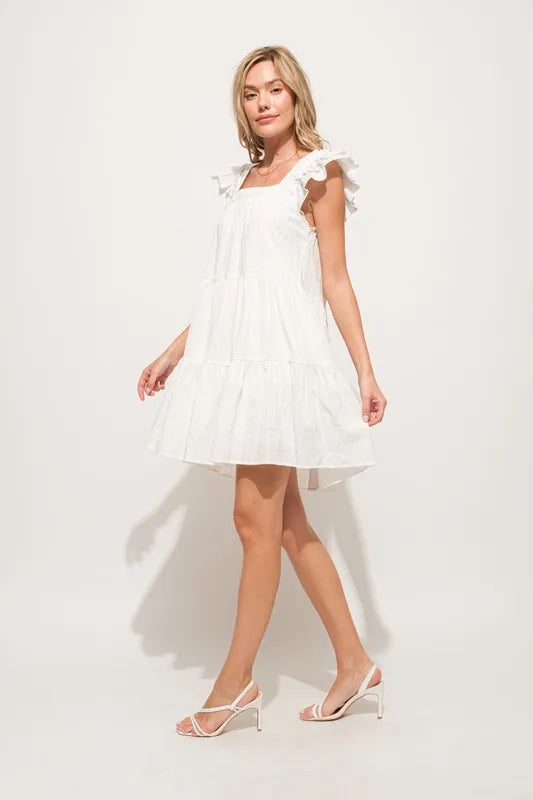 Origami Pleating Ruffled Sleeve Tiered Mini Dress – outfit idea for women | Ro + Ivy