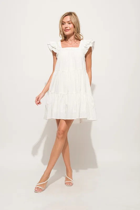Origami Pleating Ruffled Sleeve Tiered Mini Dress – outfit idea for women | Ro + Ivy