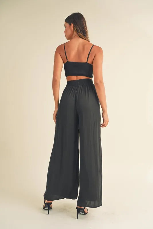 Smocked Bralette Crop Top And Wide Leg Pants Set – outfit idea for women | Ro + Ivy