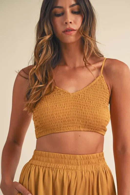 Smocked Bralette Crop Top And Wide Leg Pants Set – outfit idea for women | Ro + Ivy