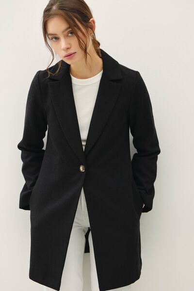 Single Button Long Sleeve Coat with Pockets - Ro + Ivy