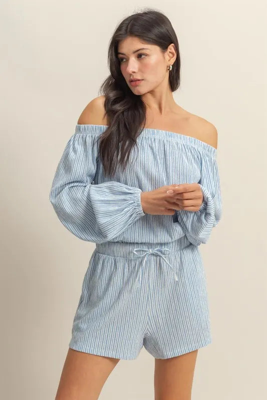 Off Shoulder Top And Shorts Set – BLUE WHITE outfit idea for women | Ro + Ivy