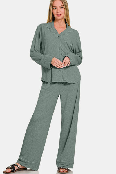 Button Down Long Sleeve Top and Pants Sleepwear Set in Sage - Ro + Ivy