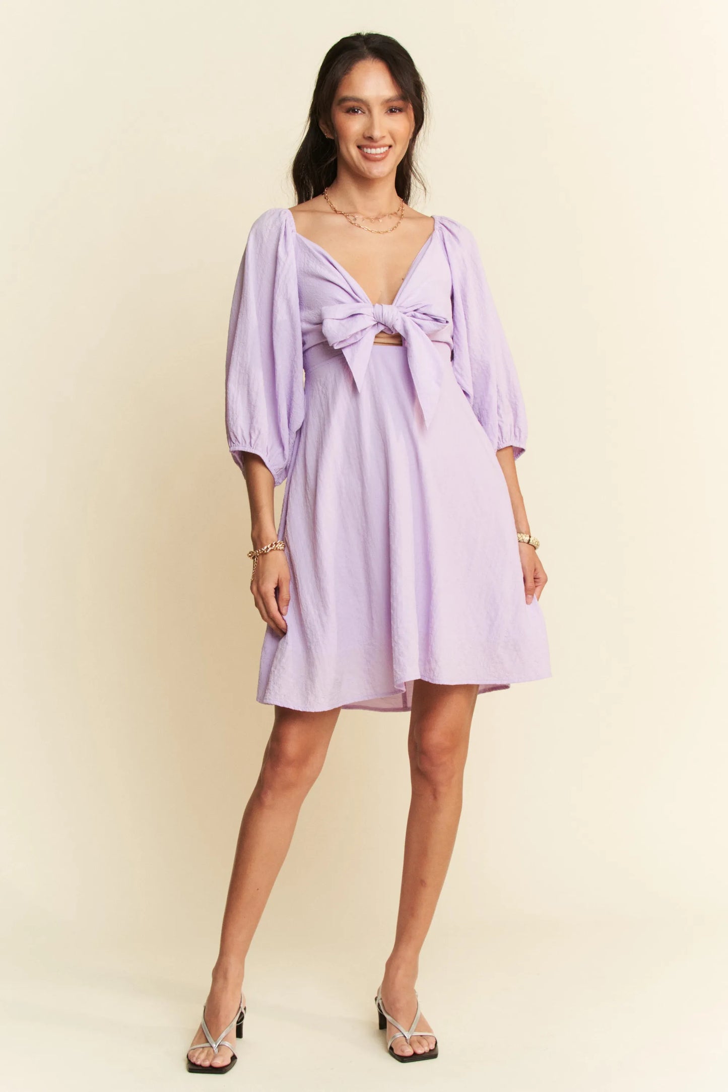 Self-Tie Puff Sleeve Smocking Open Back Mini Dress – outfit idea for women | Ro + Ivy