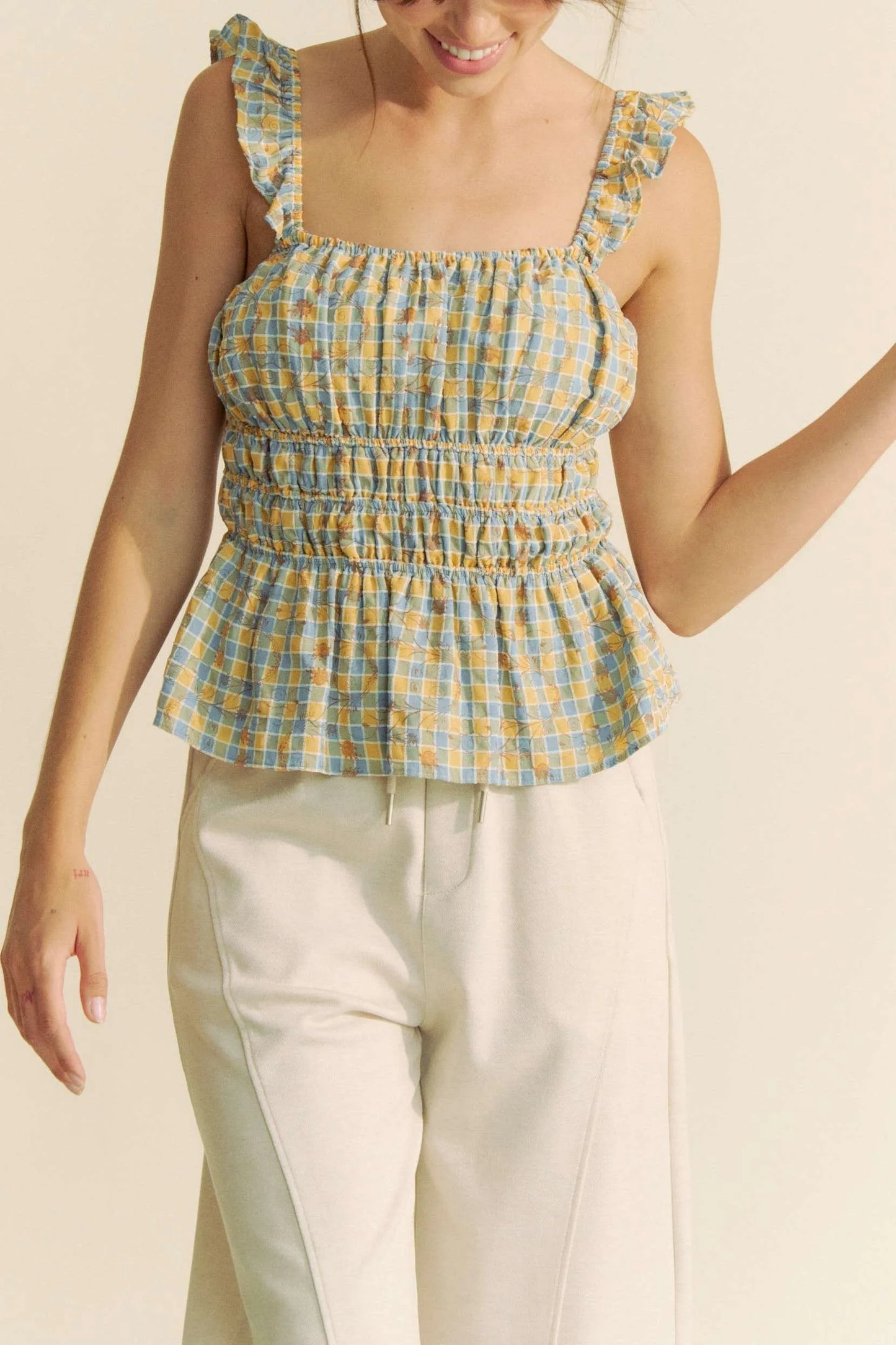 Plaid Ruffled Strap Smocked Sleeveless Top – outfit idea for women | Ro + Ivy