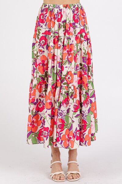 Coral Flower Print Elastic Waist Tiered Skirt Trendy Skirts Outfit Idea for Women | Ro + Ivy