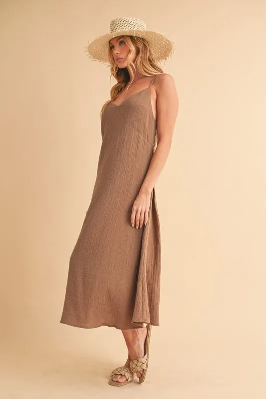 Side Button Cami Midi Dress in Mocha – outfit idea for women | Ro + Ivy