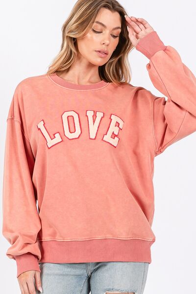 LOVE Path Applique Drop Shoulder Sweatshirt in Pink Orange Trendy Sweatshirts Outfit Idea for Women | Ro + Ivy