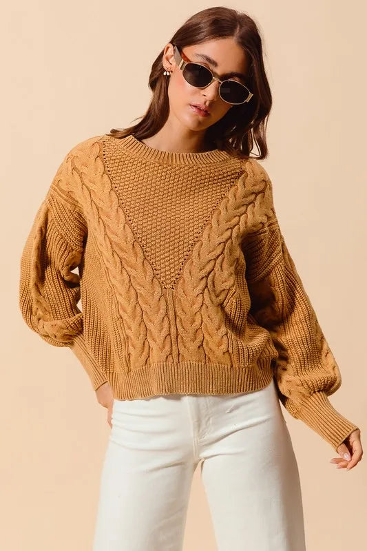 Mineral Washed Loose Fit Textured Cable Sweater – outfit idea for women | Ro + Ivy