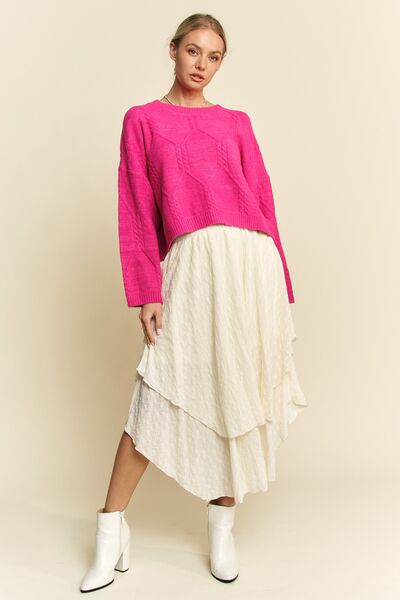 Diamond Cable Pattern Drop Shoulder Sweater in Pink - Ro + Ivy