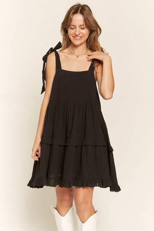 Square Neck Tiered Ruffle Bow Ties Mini Dress – outfit idea for women | Ro + Ivy
