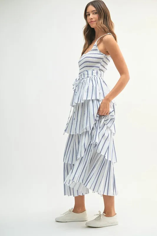 Pin Stripe Smocked Bodice Layered Midi Dress – outfit idea for women | Ro + Ivy