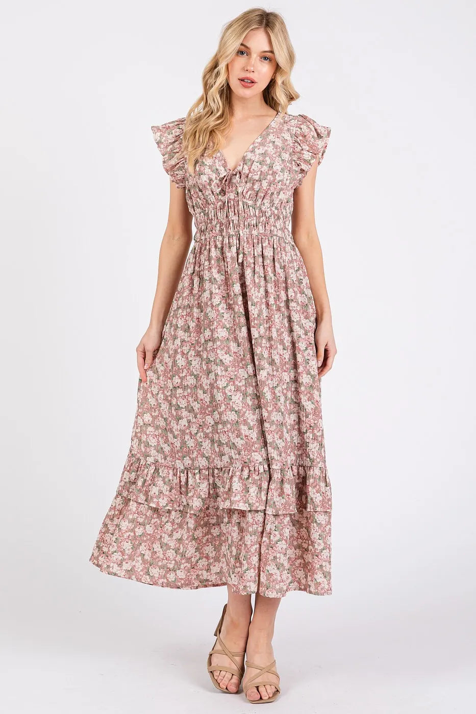 Flower Print Ruffle Cap Sleeve V-Neck Midi Dress – outfit idea for women | Ro + Ivy