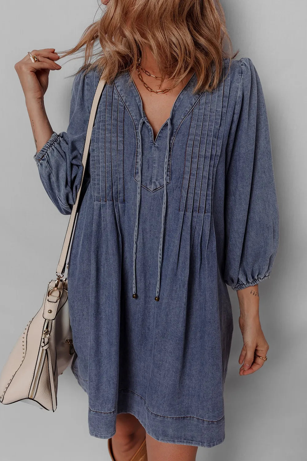 Tie Neck Long Sleeve Mini Denim Dress - Mini Dresses