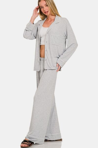 Button Down Long Sleeve Top and Pants Sleepwear Set in Light Gray - Ro + Ivy