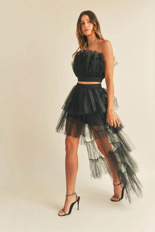 Tulle Tube Ruffle Crop Top And High Low Maxi Skirt Set – outfit idea for women | Ro + Ivy