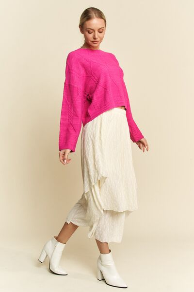 Diamond Cable Pattern Drop Shoulder Sweater in Pink - Ro + Ivy