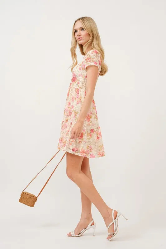 Square Neck Tiered Floral Fishnet Mini Dress – outfit idea for women | Ro + Ivy