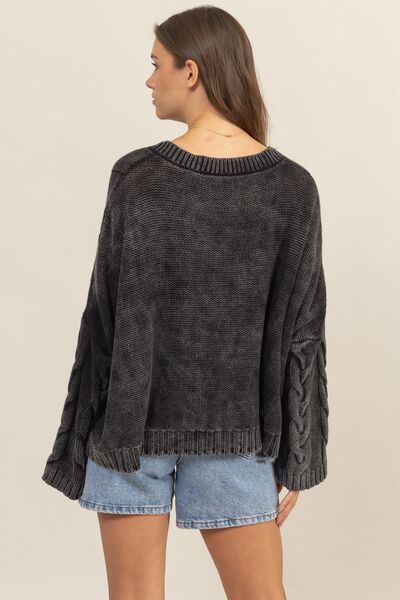 Cable Knit V-Neck Dropped Shoulder Oversized Sweater - Ro + Ivy
