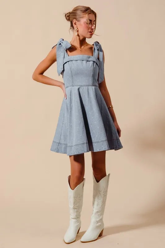 A Line Fit And Flare Diamond Bow Ribbon Denim Mini Dress – outfit idea for women | Ro + Ivy