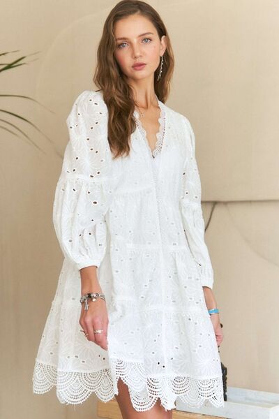 Lace Detail Tiered Eyelet V-Neck Babydoll Dress Trendy Mini Dresses Outfit Idea for Women | Ro + Ivy