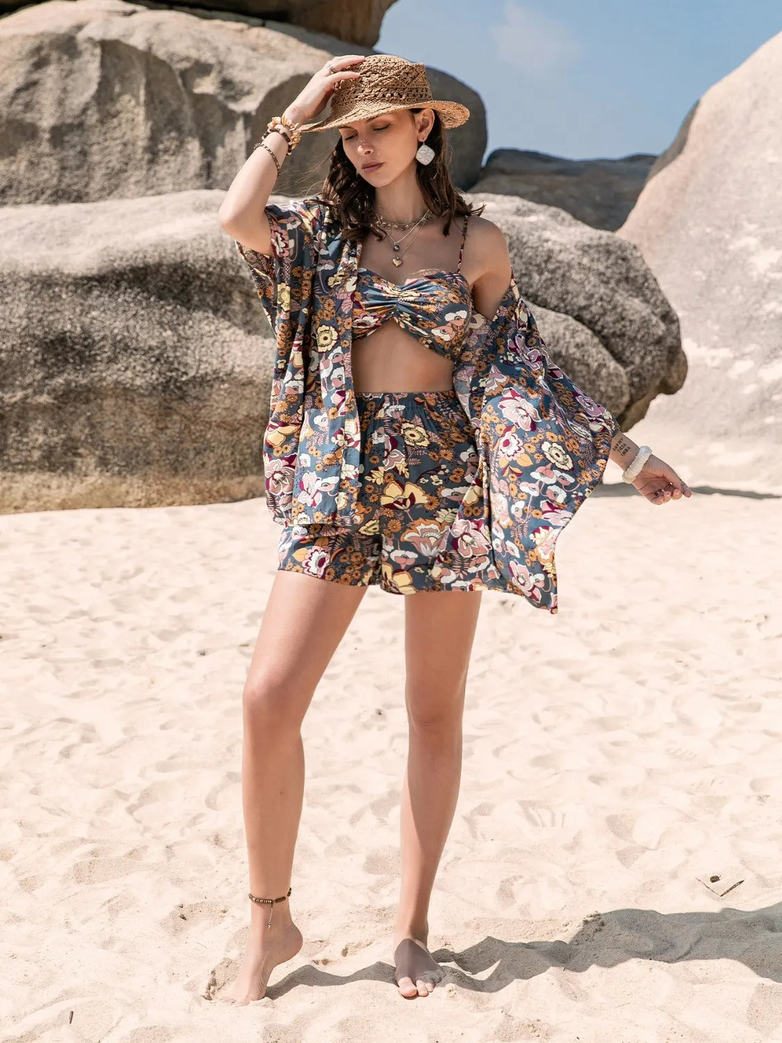Women's Flowy Printed Bra, Cover Up and Shorts Set - Matching Sets