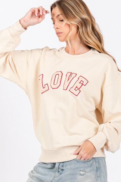 LOVE Path Applique Drop Shoulder Sweatshirt in Ivory - Ro + Ivy