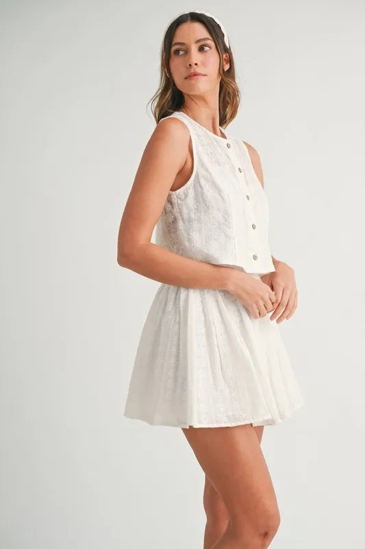 Eyelet Lace Top And Mini Skirt Set – outfit idea for women | Ro + Ivy