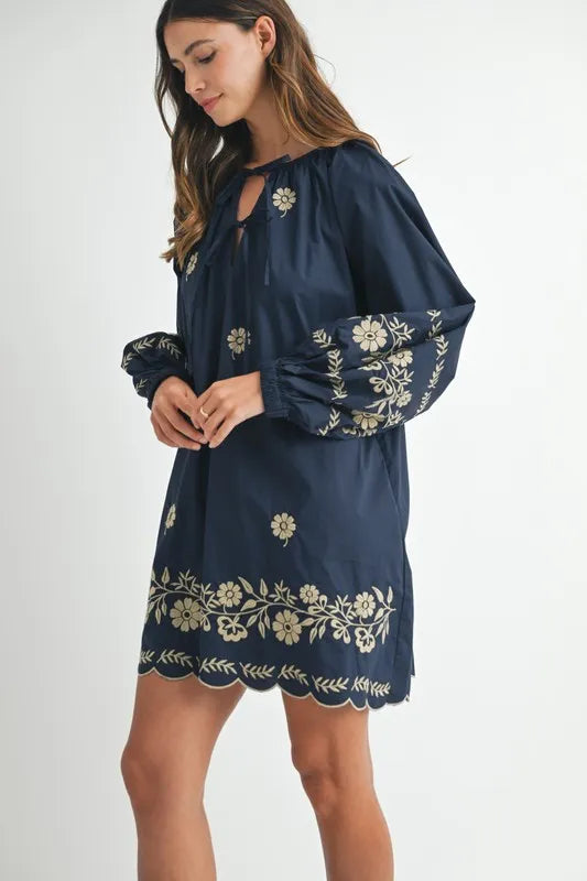 Embroidered Long Sleeve Peasant Mini Dress – outfit idea for women | Ro + Ivy