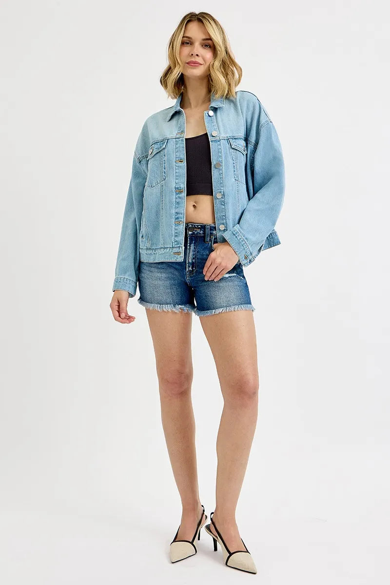 Dropped Shoulder Button Up Washed Denim Jacket | Trendy Denim Jackets Outfit Idea for Women by Ro + Ivy | Elevated Basics, Modern Comfort & Style