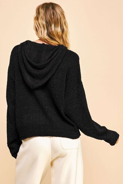 Drop Shoulder Long Sleeve Hooded Sweater in Black - Ro + Ivy