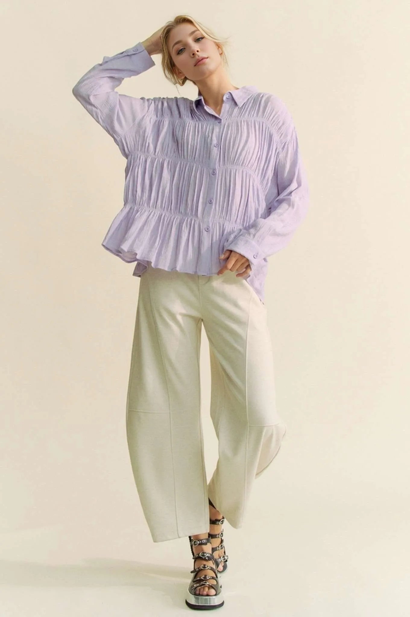 Ruched All Over Button Front Shirt – outfit idea for women | Ro + Ivy